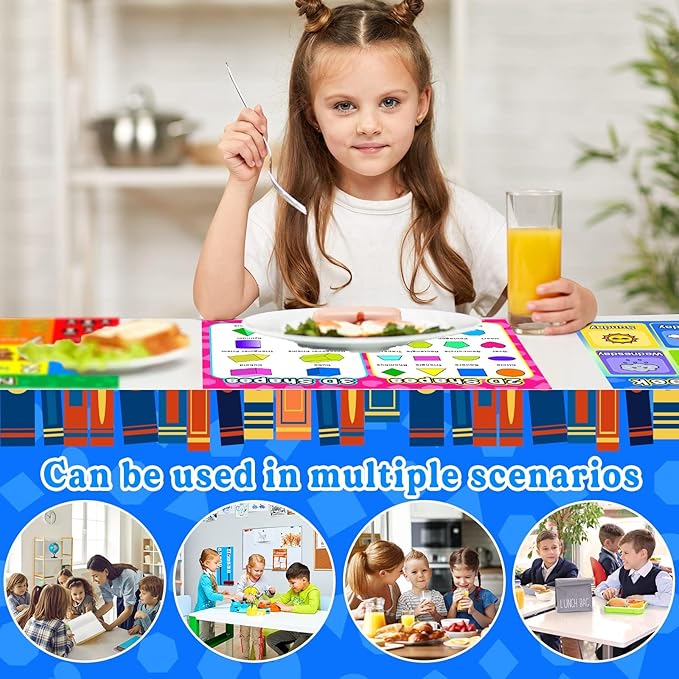 Educational Preschool Placemats for Kids Set of 6 Reusable Plastic Toddler Placemat Non Slip Washable Children Montessori Eat Table Mat for Nursery Homeschool Kindergarten Classroom Dining Table