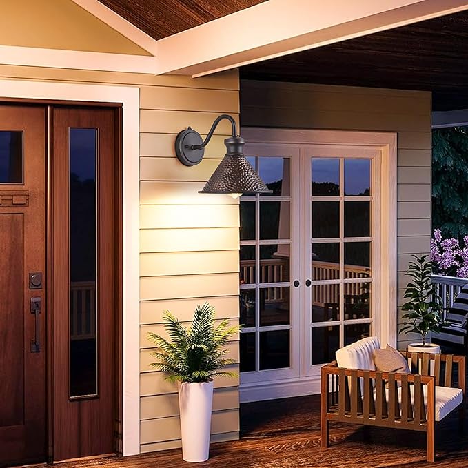 Dusk to Dawn Outdoor Gooseneck Wall Sconce with Dark Sky Cast Hammered Aluminum Shade in Oil Rubbed Bronze Finish,Anti-Rust Waterproof Outdoor Light for Farmhouse Porch Garage,1-Light E26