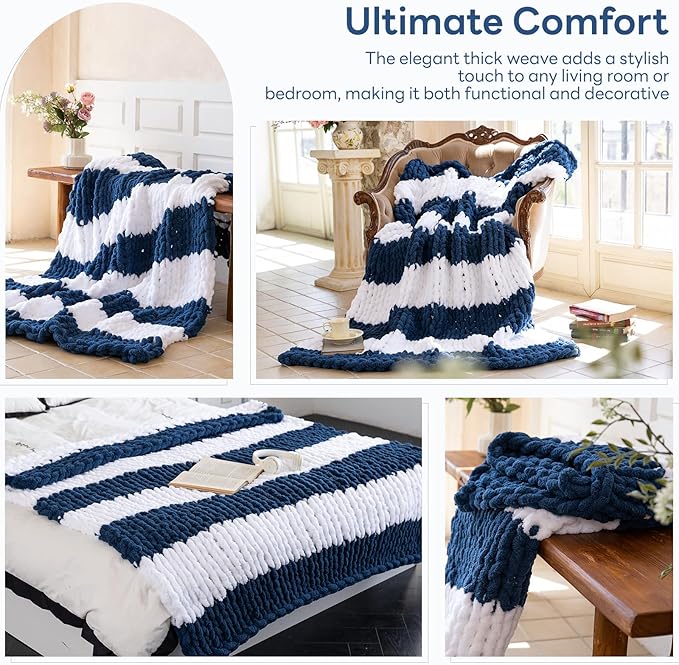 Chunky Knit Blanket - Luxury Soft Cozy 60 * 80 Throw Blanket,100% Woven Blanket Rope Knot Throw Blanket for Couch, Sofa, Home Decor, Gift - Machine Washable（White/Deep Blue）