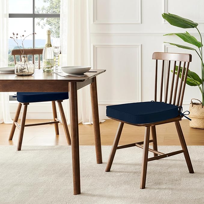 downluxe Chair Cushions for Dining Chairs, Waterproof Kitchen Chair Pads, Non-Slip Dining Seat Cushion with Ties, 17" x 16" x 2.5", Navy, 6 Pack