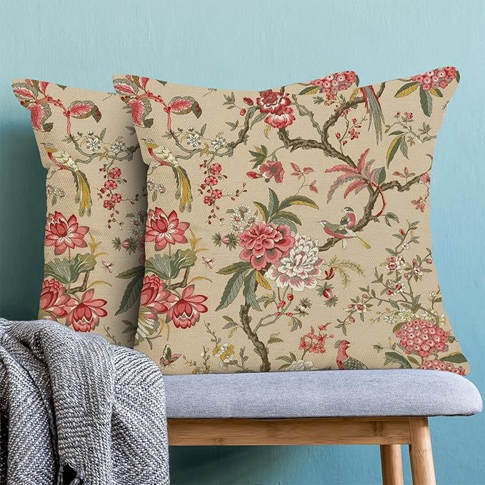 CXMEIFLY Spring Floral Birds Pillow Covers 20 x 20 Inch Set of 2 for Chinoiserie Flowers Decor Throw Pillows Pink Red Plant Outdoor Decorative Cushion Cases for Couch Bed Decorations