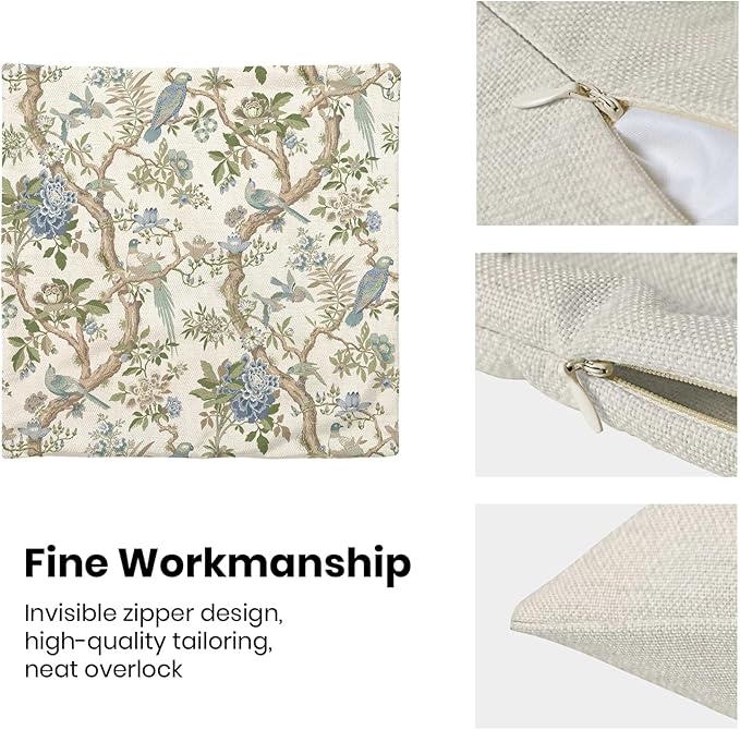 CXMEIFLY Chinoiserie Spring Pillow Covers 16 x 16 Inch Set of 2 for Blue Sage Green Vintage Flowers Bird Decor Throw Pillows Plant Farmhouse Outdoor Decorative Cushion Cases for Couch Bed Decorations