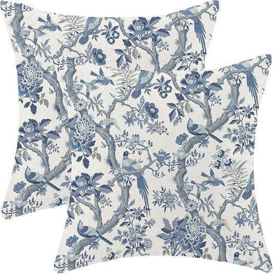 CXMEIFLY Spring Pillow Covers 18 x 18 Inch Set of 2 for Navy Blue Chinoiserie Flowers Bird Decor Throw Pillows Vintage Floral Plant Outdoor Decorative Cushion Cases for Couch Bed Decorations
