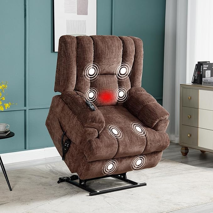 Dual Motor Power Lift Recliner Chair with Massage and Heat for Elderly People, Infinite Position, Brown Recliner Chair, Chenille Fabric Lift Chair