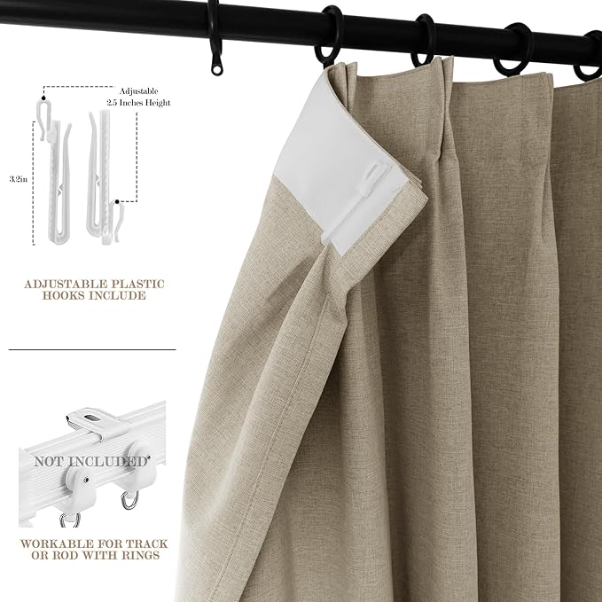 100% Blackout Linen Textured Drapes for Bedroom Pinch Pleated Curtains for Track System Portable Drapery for Sliding Glass Door/Storage/Space Room Divider, 70" Wx84 L, 1 PC, Light Khaki