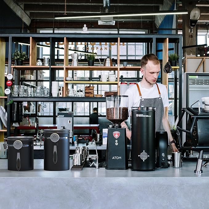 Coffee canister for ground coffee with Scoop Date Tracker One Way Co2 Valve 304 Stainless Steel Kitchen Food Airtight storage container for Coffee Beans,Grounds,Tea,Sugar (Black, 16oz)