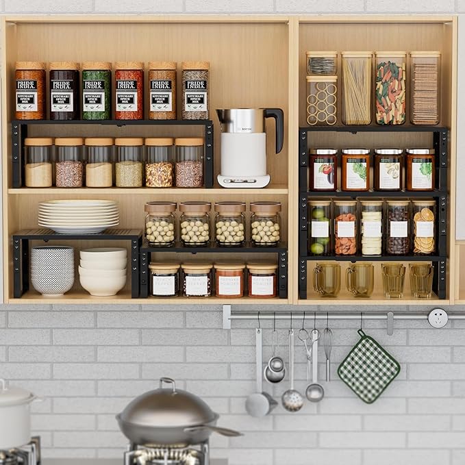Expandable Spice Rack Kitchen Cabinet Shelf Organizer, Stackable Storage Shelves Racks, Adjustable Counter Shelving for Cabinets, Countertop, Cupboard,Pantry and More(2Packs/Black/Large)