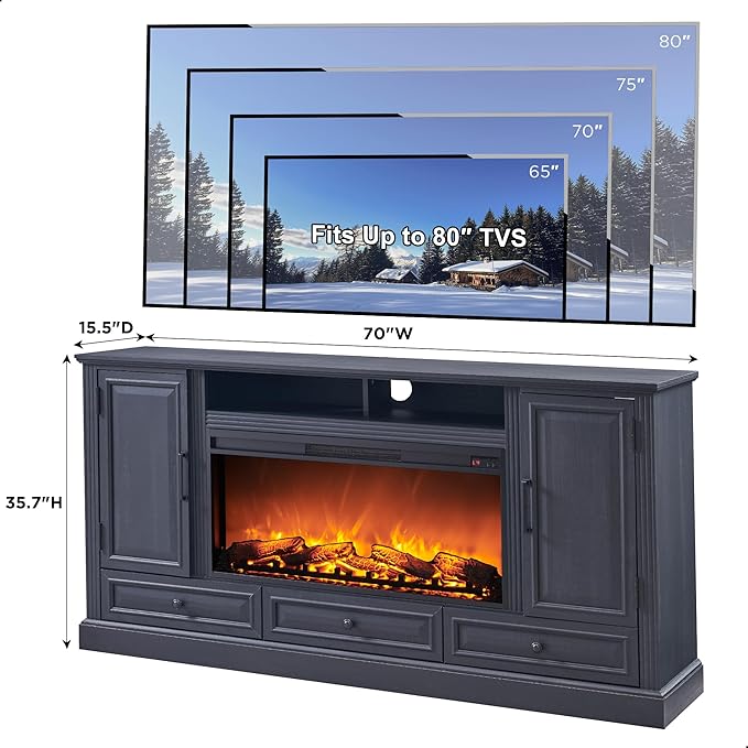 Fireplace TV Stand for 80 Inch TV, 35.7" Tall Farmhouse Entertainment Center W/36'' Electric Fireplace, Media Console with Large Storage Cabinets and Drawers for Living Room, Black