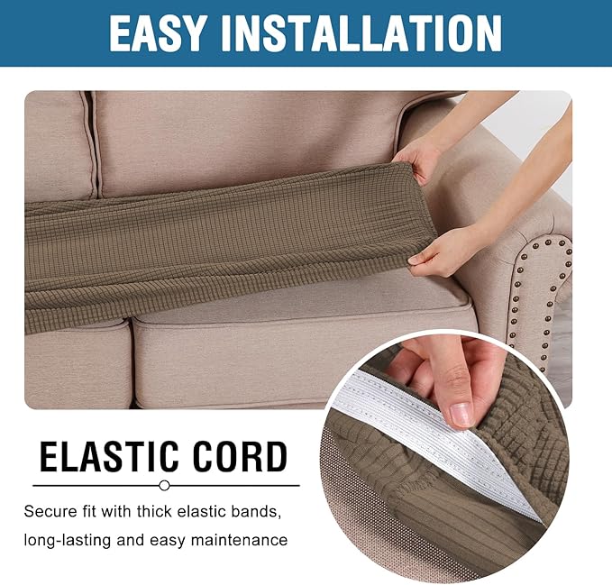 H.VERSAILTEX Super Stretch Individual Seat Cushion Covers Sofa Covers Couch Slipcover Sets Thick Jacquard Textured Twill Fabric (3 Piece Sofa Cushion Covers, Macchiato)