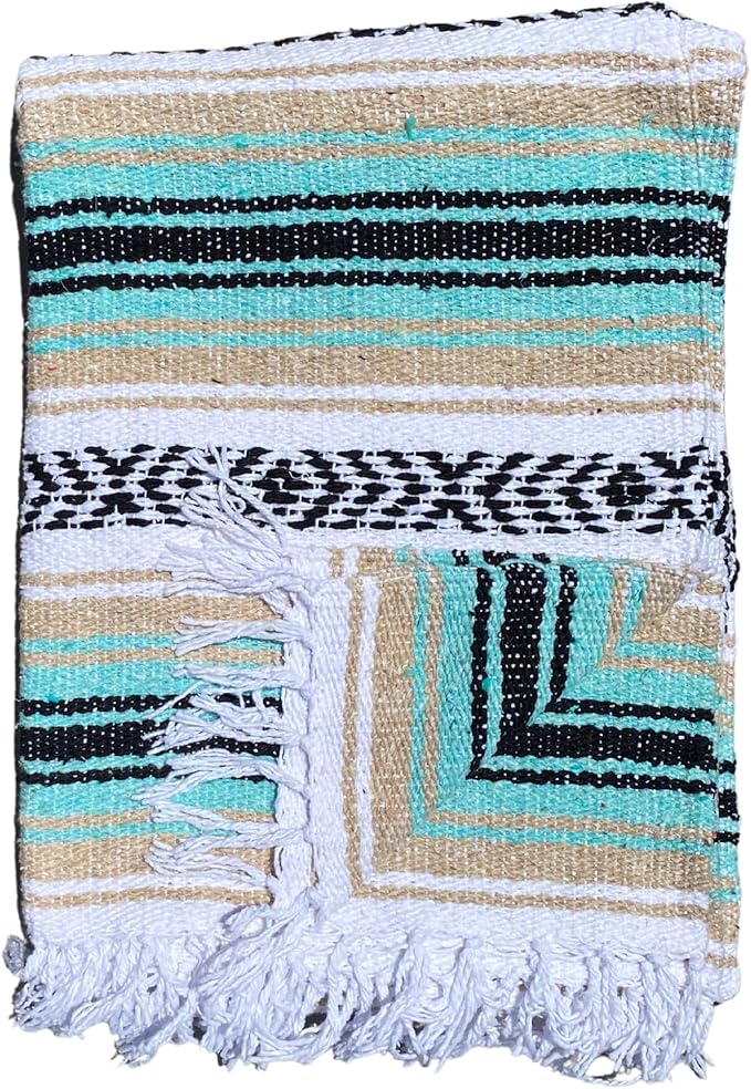 Del Mex Classic Mexican Blanket, Large Authentic Woven Falsa Throw (70"x50"), Artisan Southwest Décor for Beach, Yoga, Outdoors (Mint/Tan)