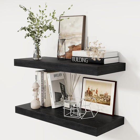 Fun Memories Black Floating Shelves 30" W x 12" D, 12 Inch Deep Floating Shelf for Books, Bathroom, Living Room, Rustic Wood Wall Shelves, 2 Inch Thicked Storage Shelf for Home Storage, Set of 2