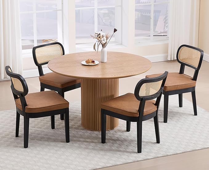 EALSON Mid Century Modern Rattan Dining Chairs Set of 4 Farmhouse Black Wood Kitchen Chairs with Cane Back Leather Upholstered Accent Armless Chairs for Dining/Living Room Restaurant, Brown
