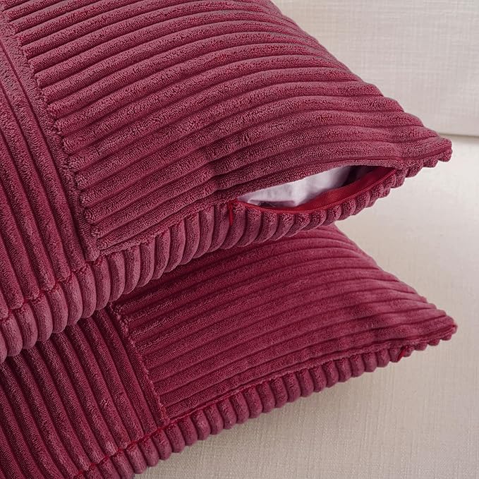 Fancy Homi 2 Packs Burgundy Red Decorative Throw Pillow Covers 18x18 Inch for Living Room Couch Sofa, Boho Farmhouse Home Decor, Soft Corss Corduroy Patchwork Textured Square Cushion Case 45x45 cm