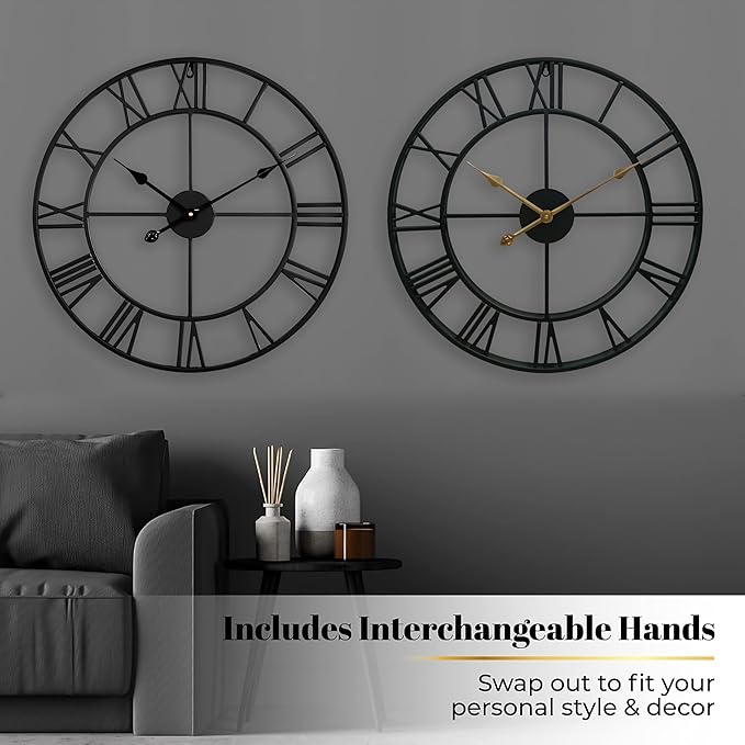 CLXEAST Silent 24 Inch Wall Clocks for Living Room Decor, Large Black Metal Roman Numeral Wall Clocks for Modern Farmhouse Home Decor,House Warming Gifts New Home