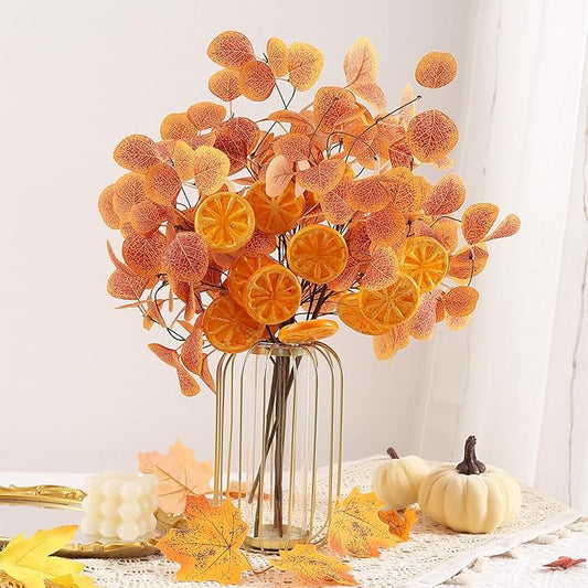 Eucalyptus Stems, 4PCS Artificial Lemon Stems Faux Citrus Branches Plastic Decor for Kitchen, Table Centerpieces, Entryway, Thanksgiving Wedding Party (Orange)