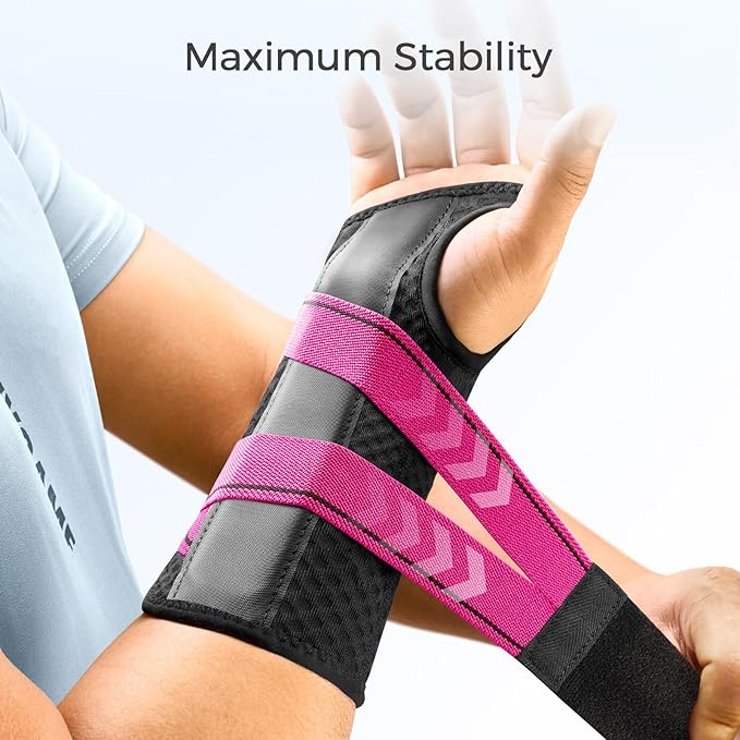 FREETOO Wrist Support Brace Left Hand for Tendonitis, Sprained Wrist, Strain, Pain Relief Wrist Splint for Carpal Tunnel, Arthritis, Wrist Immobilizer Fit Women and Men for Sleeping (S/M, Black/Pink)
