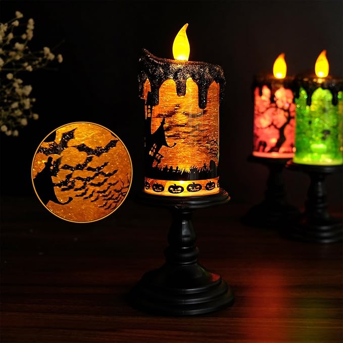 Eldnacele Halloween Snow Globe Candles Lighted Lamp, Battery Operated Spooky Spinning Water Glittering Tornado Candle Flameless Candles Table Centerpiece for Halloween Decoration Indoor(Castle)