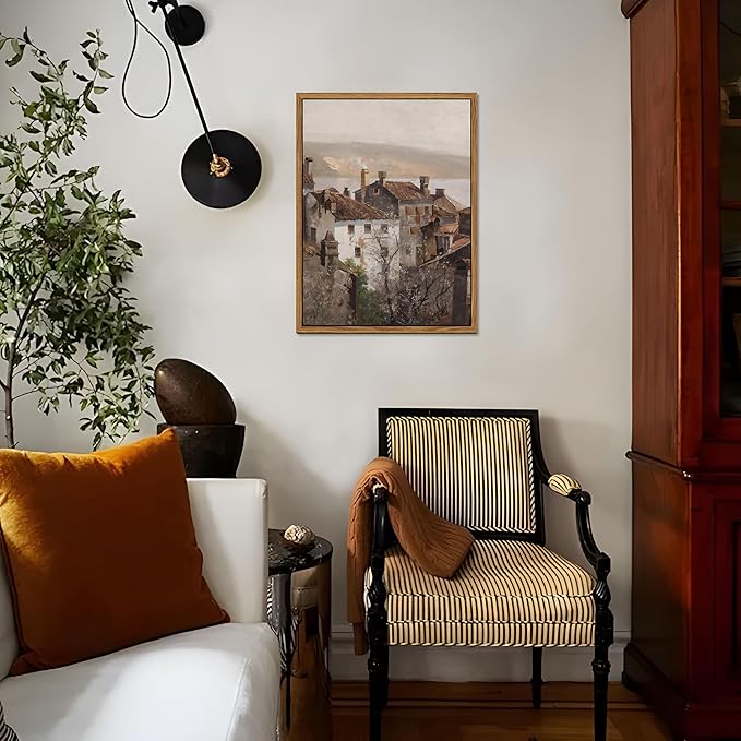 Floating Framed Vintage Canvas Wall Art, European Country Towns Wall Decor Oil Paintings Artwork, Rustic Farmhouse Posters Prints Pictures for Living Room Hallway Bedroom 16x24 inch