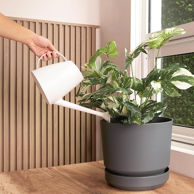 Elly Décor 10 inch Plastic Cylinder Planter Pot with Self-Watering Saucer and Drainage Hole,Lightweight & Extremely Durable, 10"x 10", Gray