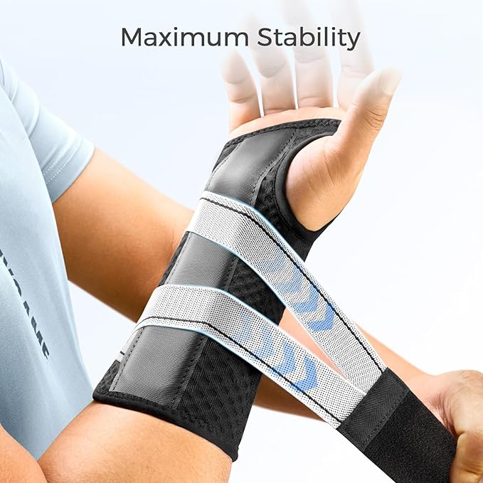 FREETOO Tendonitis Wrist Brace Night Support Fit Right Hand for Work, Pain Relief Wrist Splint for Arthritis, Sprain for Sleeping, Hand Brace for Carpal Tunnel For Women and Men (L/XL, Black/Grey)