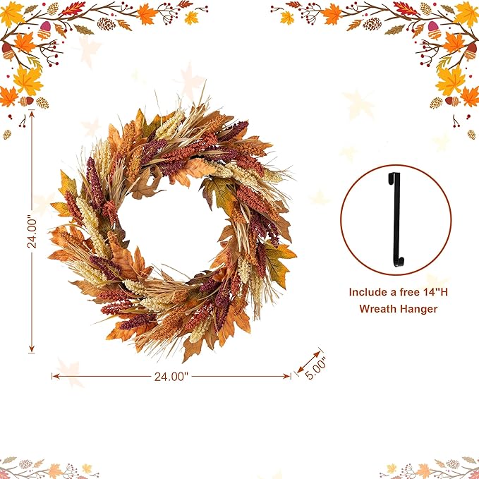 Glitzhome 24" D Fall Sorghum Wreath with Metal Hanger, Harvest Wreath for Front Door, Fall Door Wreaths for Indoor Outdoor Thanksgiving Harvest Holiday Decorations