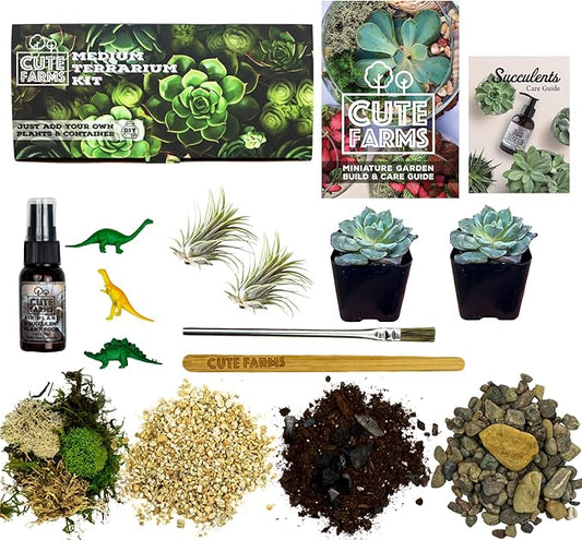 Cute Farms Terrarium Starter Kit | Moss, Vermiculite, Soil, Pebbles, Plant Food, & Finishing Tools (Medium Kit + Live Plants)