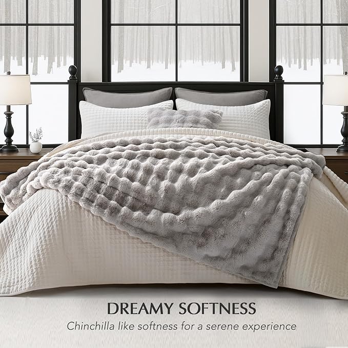 EVERGRACE Ultra Soft Luxury Fluffy Ridgeline Faux Rabbit Fur Throw Blanket, Thick Warm Bubble Throw for Bed, Cozy Plush Reversible Blankets for Couch, Chair, Sofa, Taupe, 60x80 Inches, 870 GSM