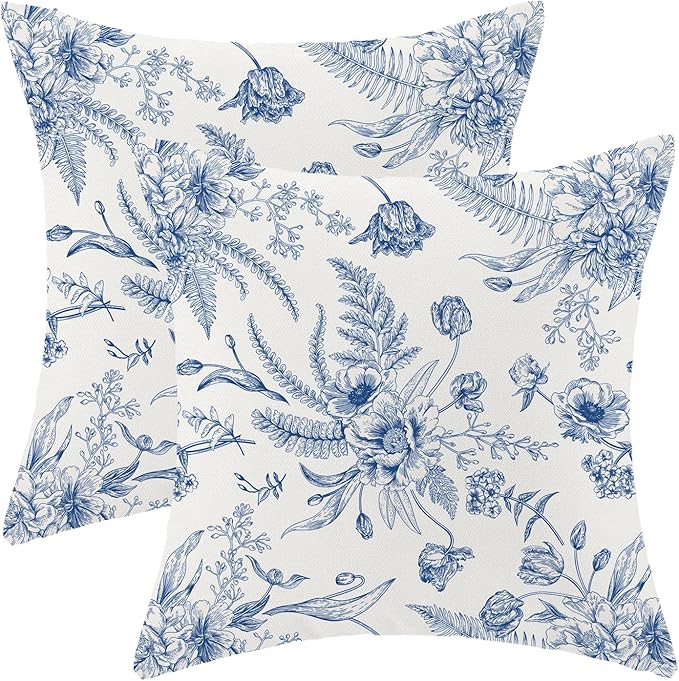 CXMEIFLY Spring Floral Leaves Pillow Covers 22 x 22 Inch Set of 2 for Chinoiserie Flowers Decor Throw Pillows Blue and White Seasonal Plant Outdoor Decorative Cushion Cases for Couch Bed Decorations