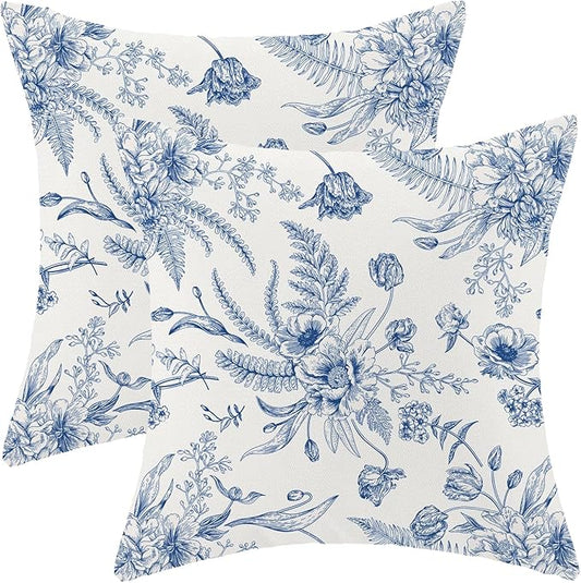 CXMEIFLY Spring Floral Leaves Pillow Covers 22 x 22 Inch Set of 2 for Chinoiserie Flowers Decor Throw Pillows Blue and White Seasonal Plant Outdoor Decorative Cushion Cases for Couch Bed Decorations