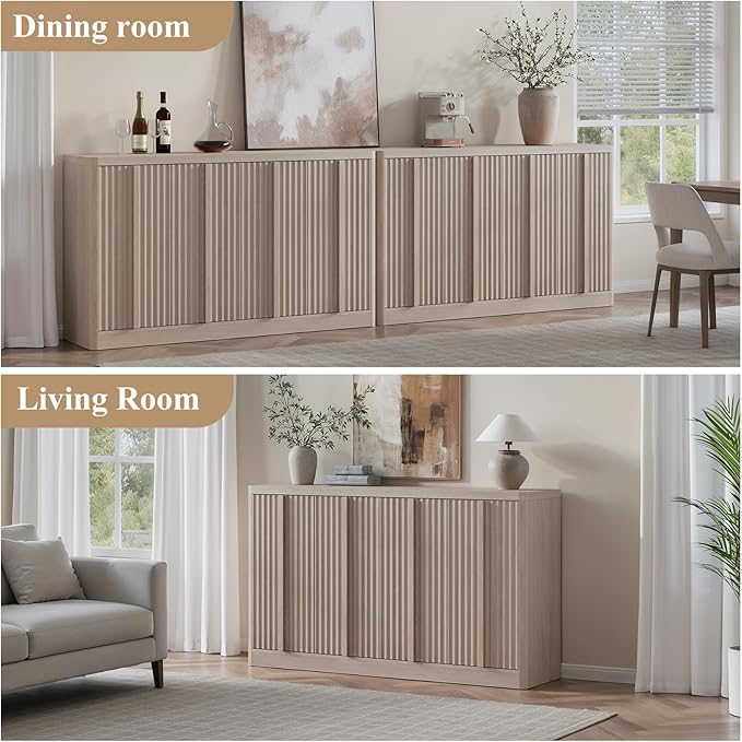 Fluted Buffet Cabinet with Storage, 60" Sideboard Buffet Accent Cabinet with 4 Door & Solid Wood Handle, Modern Buffet Table Credenza Console Cabinets for Living Room, Dining Room, Kitchen, Oak(1PCS)