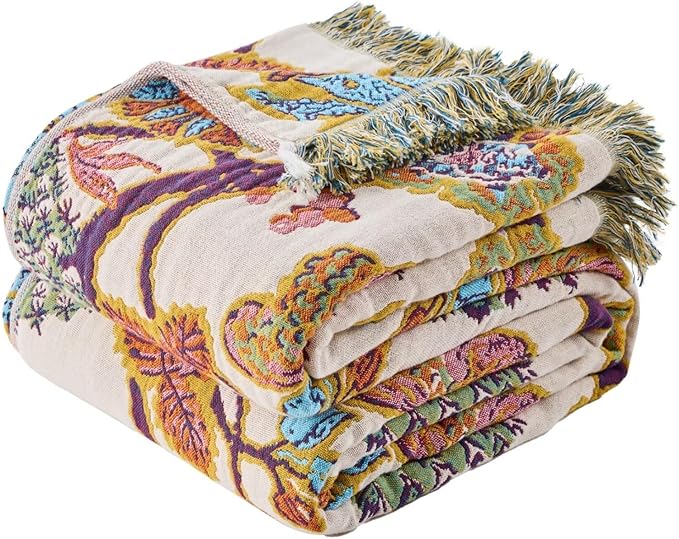 100% Muslin Throw Blanket for Couch, Butterfly and Floral Double Embroidery Fall Throw Blanket 60"x80" for Sofa, Chair, Woven Cotton Reversible Mexican Blanket
