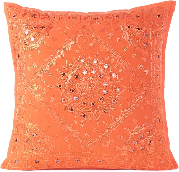 Eyes of India Embroidered Decorative Boho Throw Pillow Cover with Mirrors, Handmade Bohemian Accent Cushion Case for Sofa Couch Bedroom Living Room (Orange, 24" x 24")