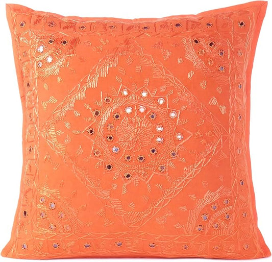 Eyes of India Embroidered Decorative Boho Throw Pillow Cover with Mirrors, Handmade Bohemian Accent Cushion Case for Sofa Couch Bedroom Living Room (Orange, 16" x 16")