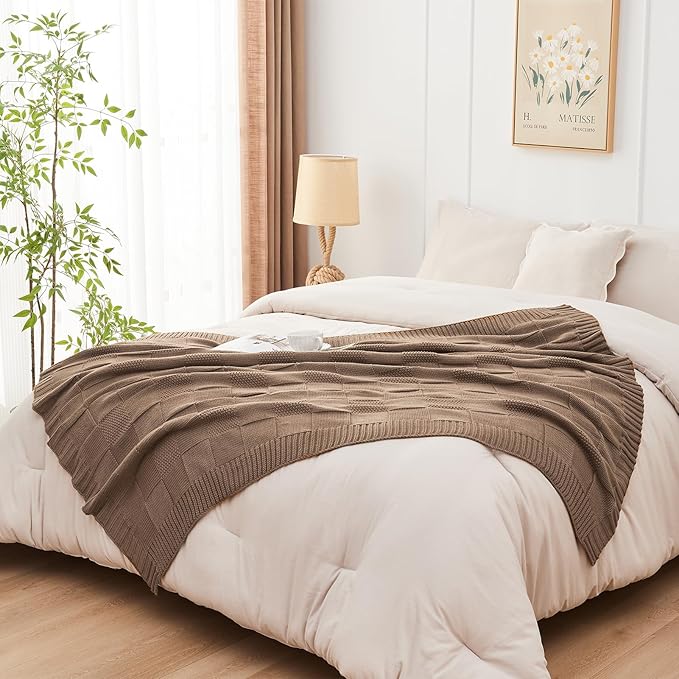 CozeCube Check Knit Throw Blanket, Light Brown Checkered Throw for Couch, Decorative Christmas Soft Cozy Warm Knitted Blanket for Bed Sofa Living Room, 50"X60"