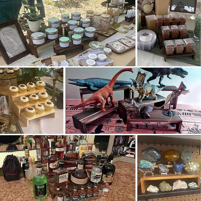 Display Wood Risers Wooden Stand 3 Tier Wood Racks Decorative Rectangular, 2 Set 6 Piece Cupcake Stands Cologne Perfume Organizer Dessert Showcase(Brown)