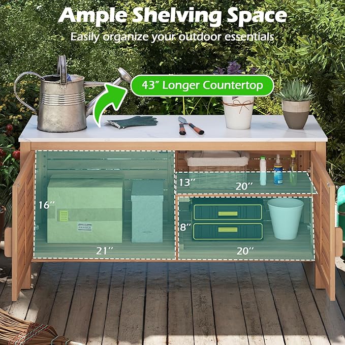 Goplus Patio Storage Cabinet, 2-Door Acacia Wood Storage Container with Faux Marble Top, Outdoor Wooden Sideboard for Deck, Garden, Lawn and Backyard