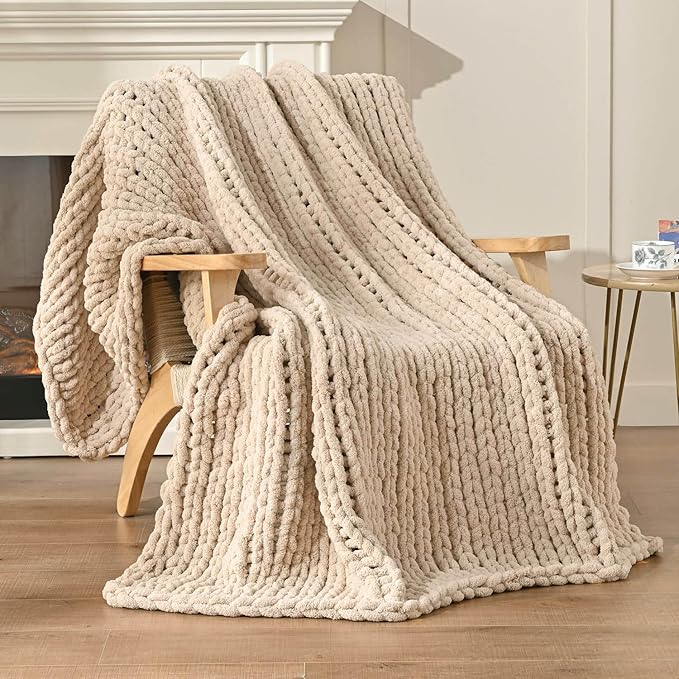 Esterra Chunky Knit Blanket Throw 50"x60", 100% Hand Knitted Chenille Throw Blanket, Cozy Soft Thick Cable Knit Throw Large Rope Knot Crochet Throw Blanket for Sofa Couch Bed, Sandshell/Oatmeal