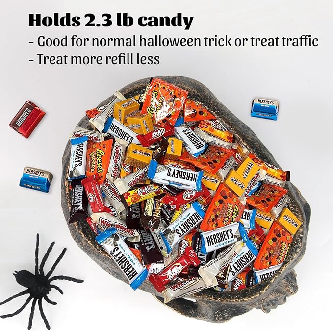 GameXcel Halloween Skull Candy Dish - Large Skull Candy Bowl for Trick or Treat - Skeleton Head Treat Container Planter or Desktop Halloween Decor - Bronze Resin