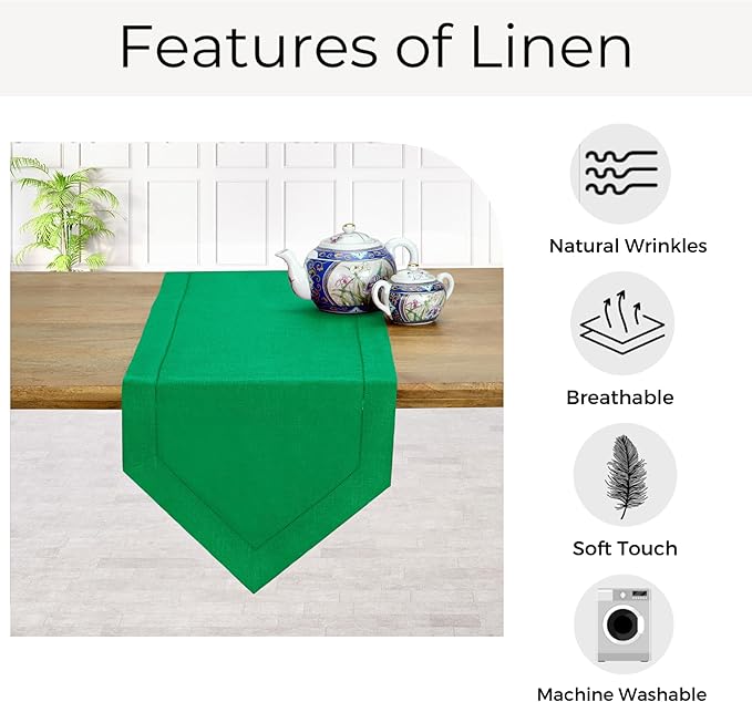 D'Moksha Homes Kelly Green Linen Table Runner 72 Inches Long - 100% Pure Linen Diamond Table Runner 14 x 72 Inch for Dining, Fall and Halloween - Machine Washable