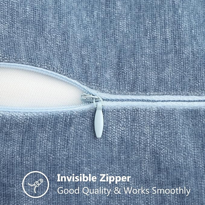 decorUhome Chenille Soft Throw Pillow Covers 18x18 Set of 2, Farmhouse Velvet Neutral Decorative Euro Pillow Covers with Stitched Edge for Couch Sofa Bed Home Decor, Blue