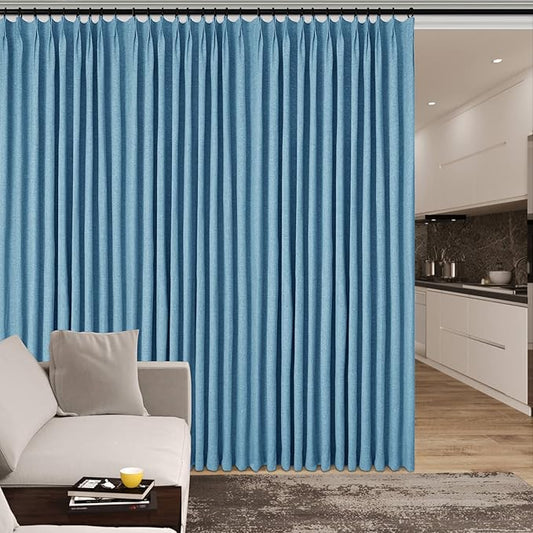 Full Blackout Privacy Curtains, 240 Inch Extra Wide Linen Blend Drapes, Pinch Pleat Window Drapery for Room Divider Storage/Space Room Separation, 1 Panel, W 240" x L 102", Blue