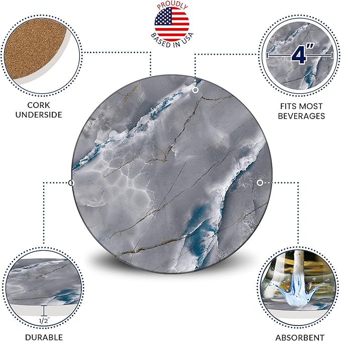 Emerson Coasters for Drinks Absorbent – Natural Stone Drink Coasters Set with Holder, Coasters for Coffee Table, Wooden Tabletop Protection Marble Style – 100% Heavy Duty Set of 6 (Graphite)