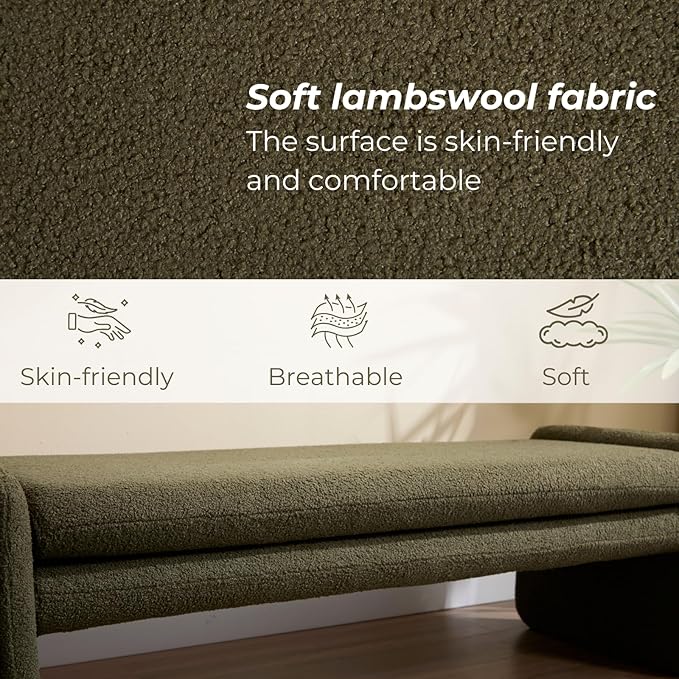 Green Boucle Bench 50" Sherpa End of Bed Bench Modern Upholstered Bench for Bedroom Entryway Living Room Vanity Makeup Room, Teddy Fabric Bench with Seating