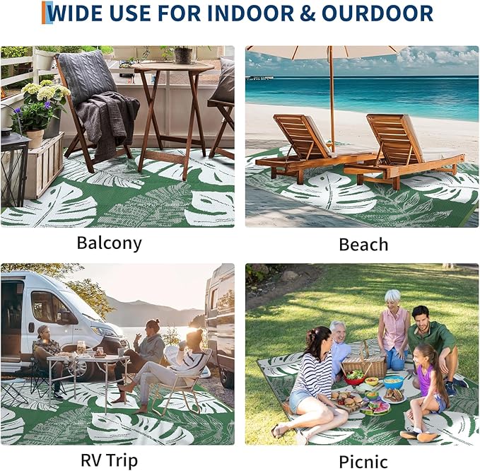 GAOMON Outdoor Rugs 9x18 Waterproof Patio Rug Outdoor Plastic Straw Rug Reversible Camping Mat, Portable RV Picnic Carpet with Bag & 4 Stakes, UV Resistant Outside Carpet for Deck Balcony, Green