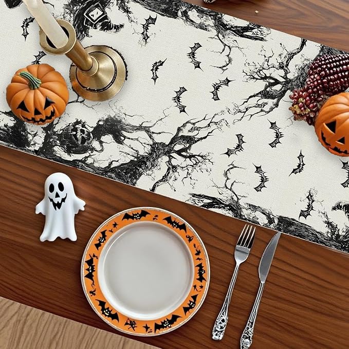 GPGHE Halloween Table Runner Black Ghost Holiday Burlap Table Decoration Indoor Outdoor Home Decor Party Supply 13 x 60 Inch