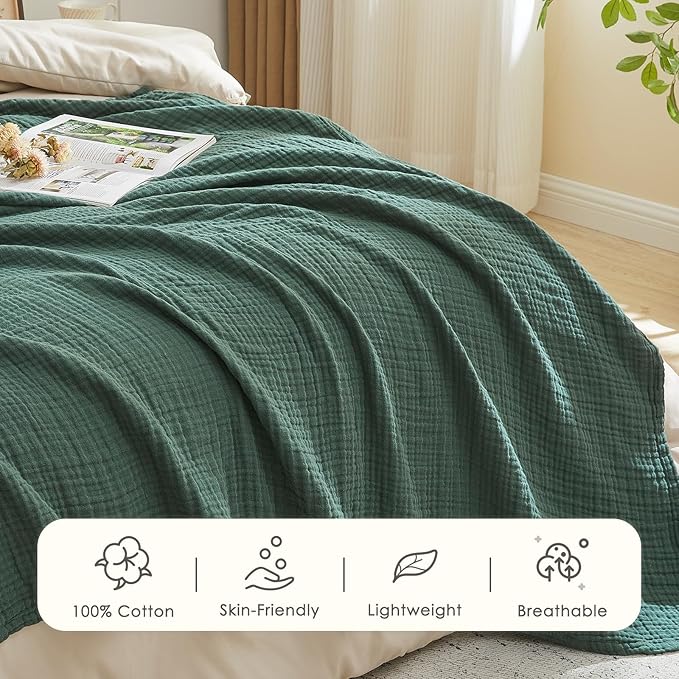 EMME Cotton Muslin Queen Blanket Bed Layering Breathable Gauze Blanket Soft Lightweight Blankets Adults (Forest Green, 90"x90")