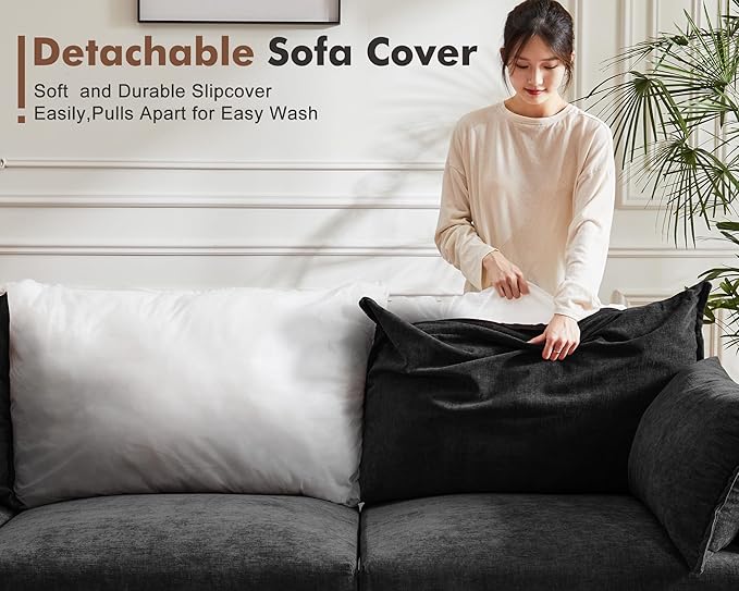 102.6" Modular Sectional Sofa, Oversized 3-Seater Couch with Removable Black Chenille Fabric Cover, Deep Seat & High Backrest for Living Room, Office & Apartment