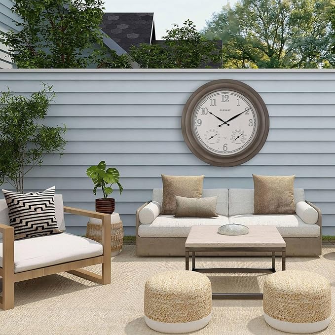 CLXEAST 24 Inch Self-Illuminated in/Outdoor Atomic Wall Clock with Temperature and Humidity, Oversized Large 24 Inch Wall Clocks for Living Room Decor, Brushed Grey Oak Wooden Finish