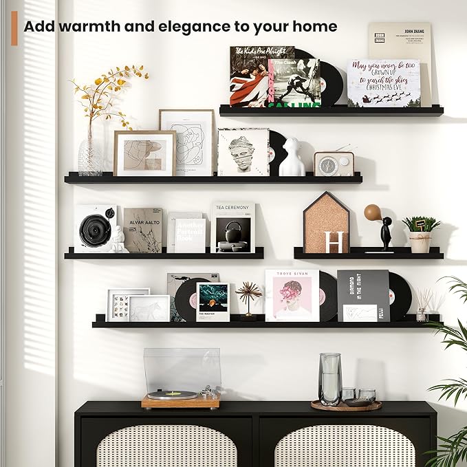 Fun Memories Picture Ledge Shelves Set of 2, 24 Inch Rustic Wall Mounted Floating Shelves with Lip for Home Storage and Décor in Bathroom, Kitchen, Nursery, Bedroom, Living Room, Black