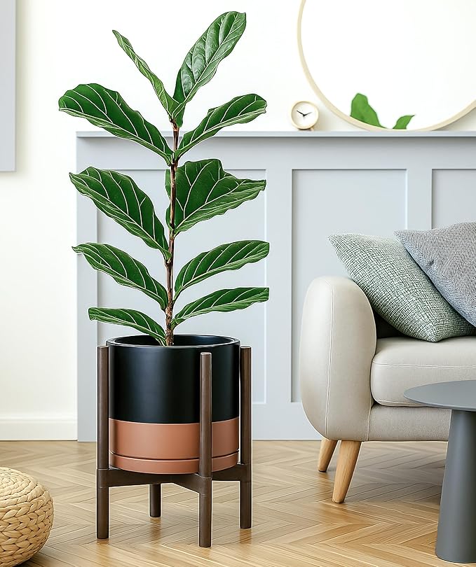 D'vine Dev Ceramic Planter with Walnut Color Stand - 12 Inch Modern Round Flower Pot with Wood Planter Holder, Black/Speckled Tan, 55-B-W-7